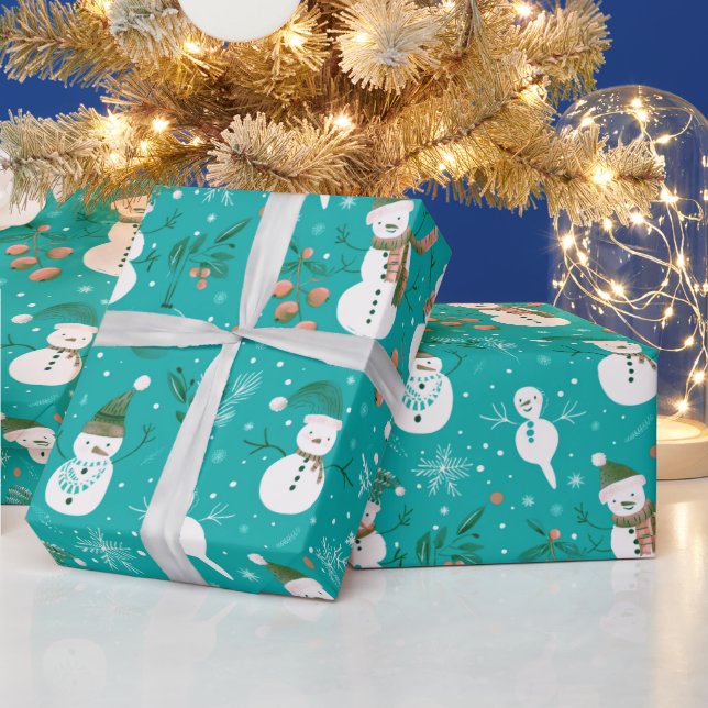 Papier Cadeau Snowmen Snowflakes Holly Feuilles Green Christmas (Vacances)