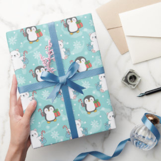Papier Cadeau Snowy Polar Bears & Penguins Wrapping Paper | Cute