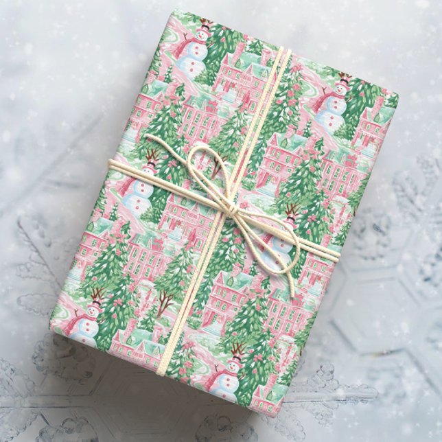 Papier Cadeau Snowy rose et vert ville de Noël (Créateur téléchargé)