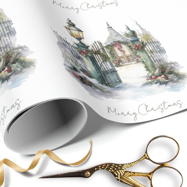 Papier Cadeau Snowy Winter Scene Aquarelle Village de Noël (Créateur téléchargé)