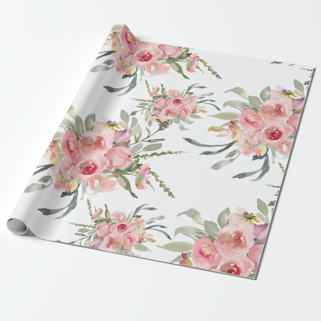 Papier Cadeau Soft Blush Rose Élégante Feminine Floral Mariage (Déroulé)
