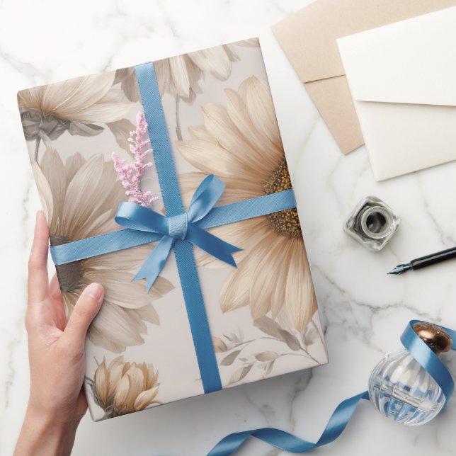 Papier Cadeau Soft Neutral Sunflower Cream Floral Pattern (Cadeaux)