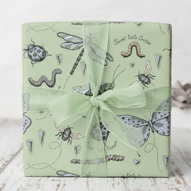 Papier Cadeau Soft Pastel Bleu et Vert Boho Baby Bugs Baby Baby (Green Bug and Beetle Insect Boy Baby Shower or Kids Birthday Wrapping Paper. Dragonfly, Butterfly)