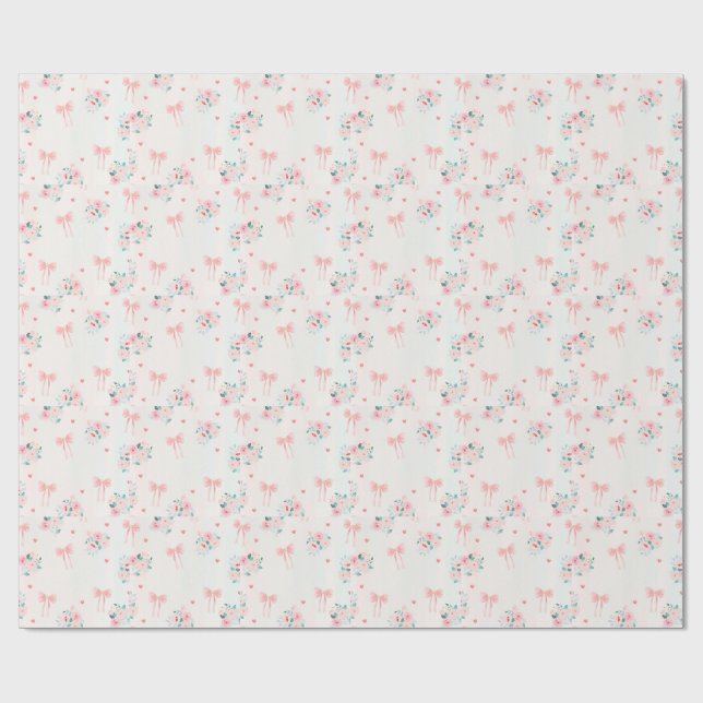 Papier Cadeau Soft Pink Floral & Bow Pattern – Cute Romantic  (Plat)