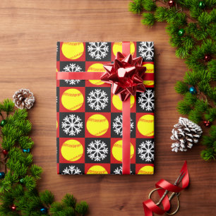 Papier Cadeau Softball de Noël Motif de flocon de neige rouge et