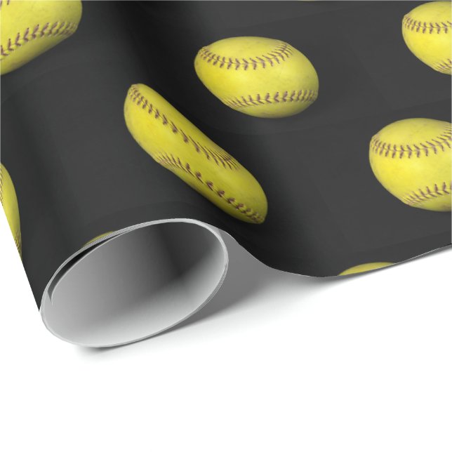 Papier Cadeau softball jaune sur noir (Coin rond)