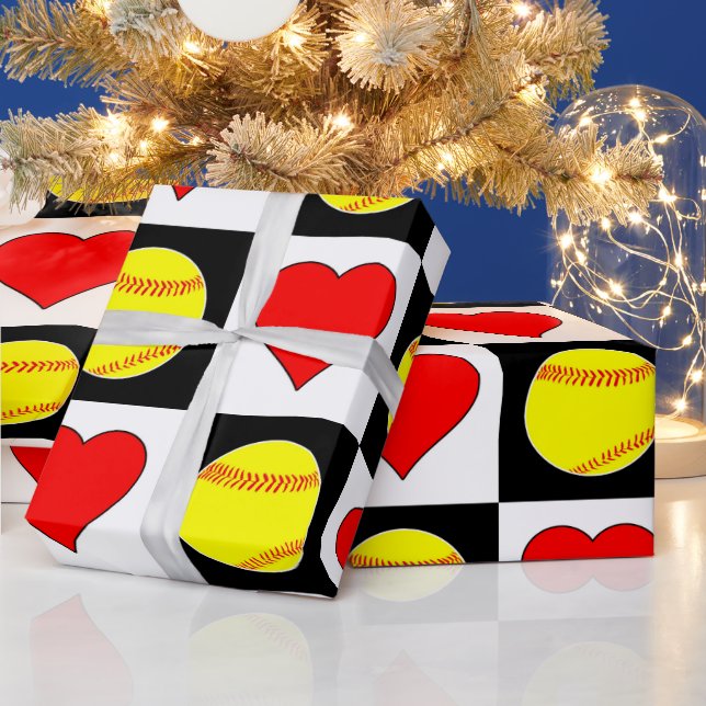 Papier Cadeau Softballs & Hearts mignon Checker Motif Fastpitch (Vacances)