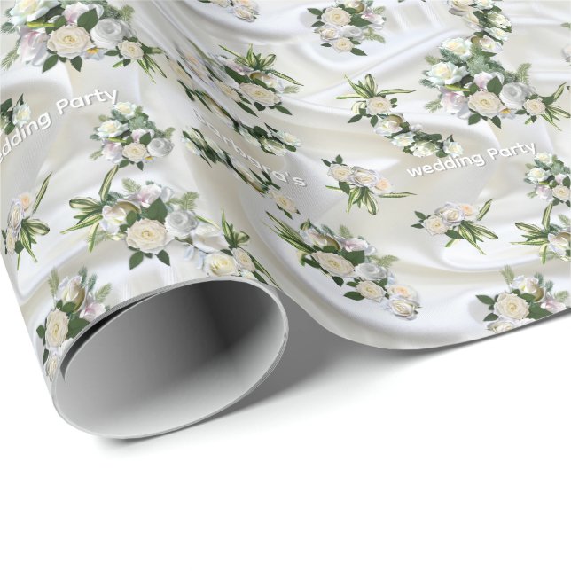 Papier Cadeau Soie blanche luxueuse et fluide et roses blanches. (Coin rond)