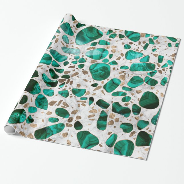 Papier Cadeau Sol de mosaïque - malachite et or sur le marbre #1 (Déroulé)