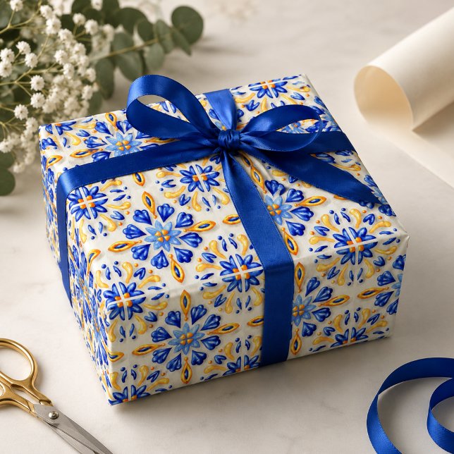 Papier Cadeau Solara Bloom Hand-Painted Sapphire and Amber  (Créateur téléchargé)