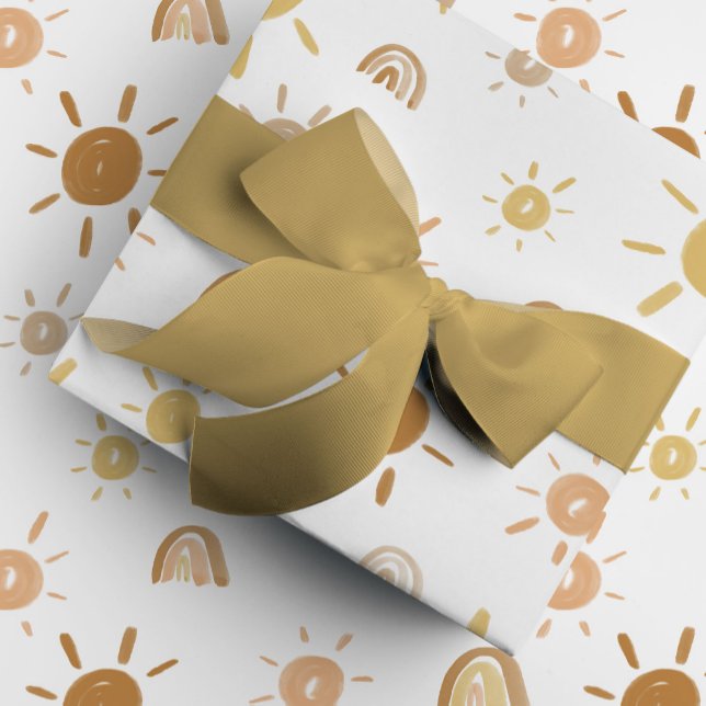 Papier Cadeau Soleil bohème et arcs-en-ciel en jaune (Golden yellow watercolor sunshines and rainbows gift wrapping paper.)