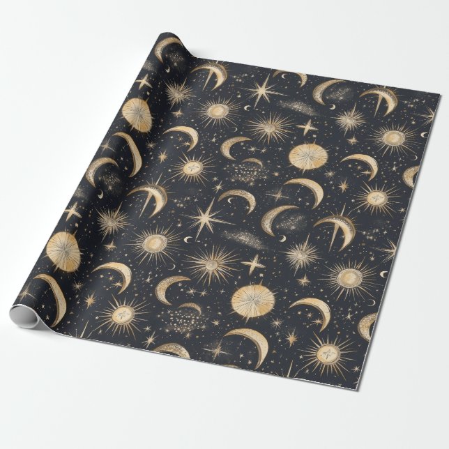 Papier Cadeau Soleil céleste et étoiles Ciel nocturne (Déroulé)