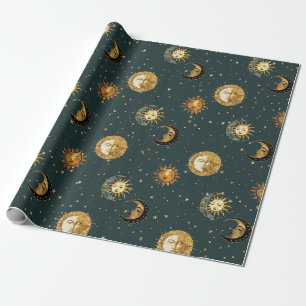 Papier Cadeau Soleil Lune Étoiles Bleu Minuit Céleste Doré