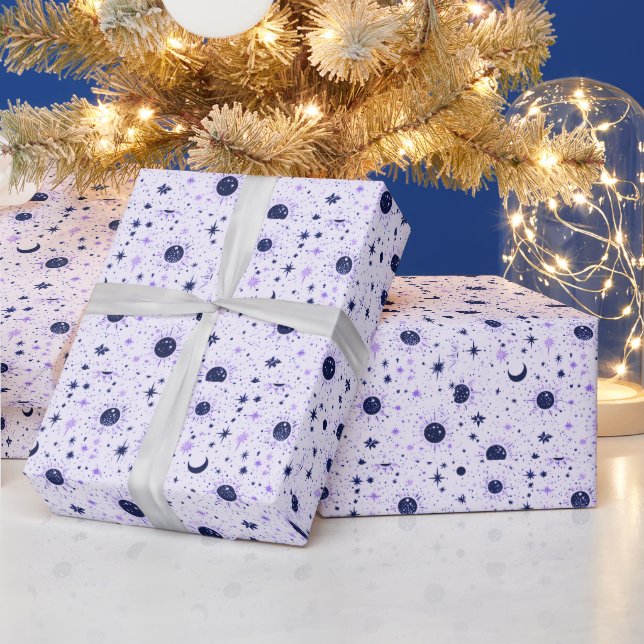Papier Cadeau Soleil Lune Étoiles Célestes Noir et Violet (Vacances)