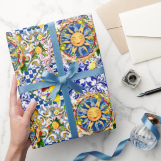 Papier Cadeau soleil sicilien, citron, carreaux méditerranéens,