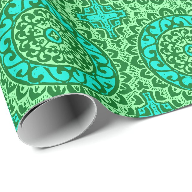 Papier Cadeau Soleil Sud-Ouest Mandala Batik, Vert citron (Coin rond)