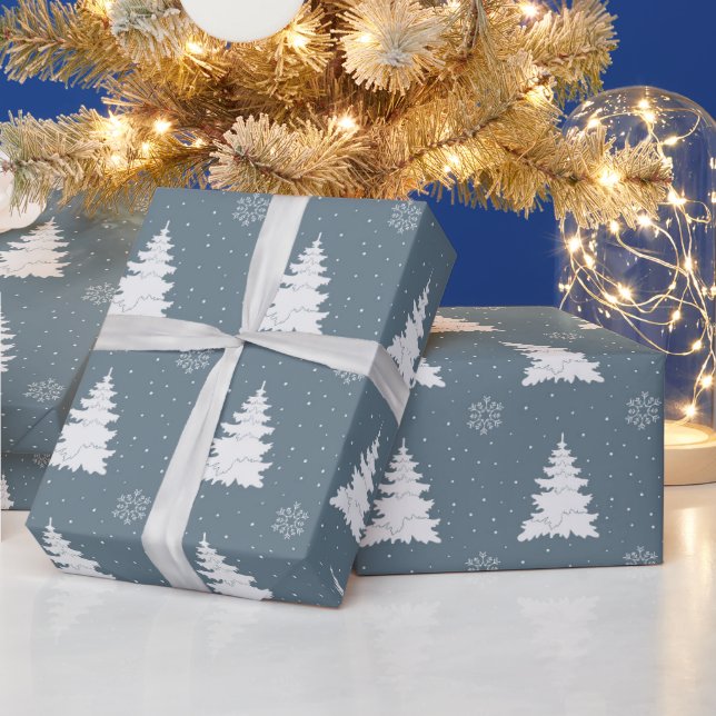 Papier Cadeau Sophistiqué Bleu & Blanc Arbres de Noël Motif (Vacances)