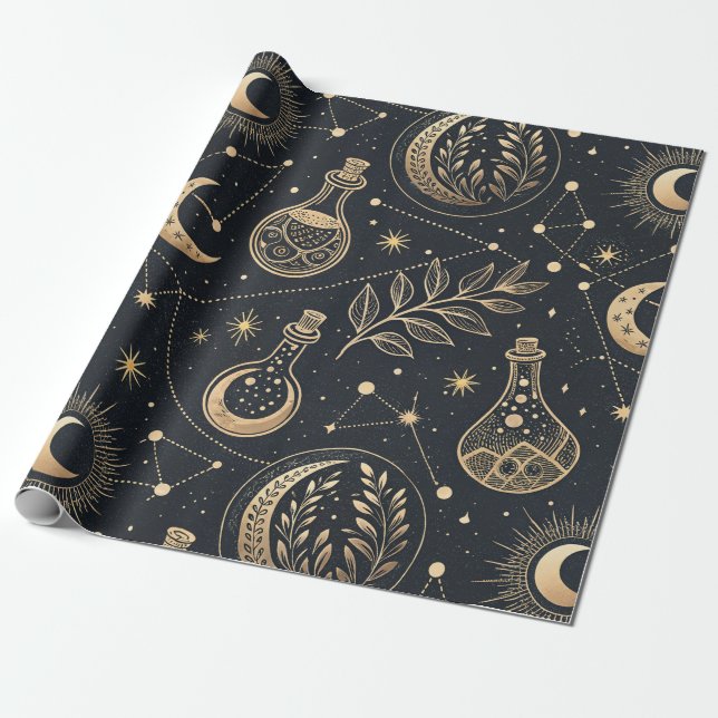 Papier Cadeau Sorcelerie céleste - Lune dorée, flacons de potion (Déroulé)
