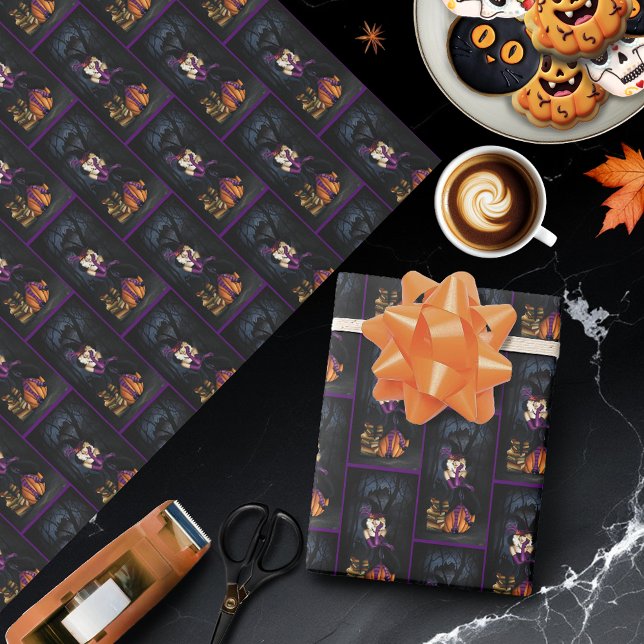 Papier Cadeau Sorcière Blonde Enjouée Citrouille Fantaisie Viole (Créateur téléchargé)