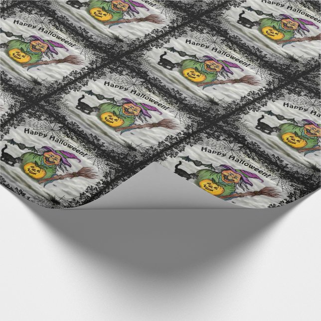 Papier Cadeau Sorcière, Chat, Chauve-souris et Citrouille, Bonne (Coin)