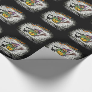 Papier Cadeau Sorcière, Chat, Chauve-souris et Citrouille, Bonne