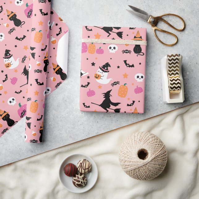 Papier Cadeau Sorcière chauves-souris araignées fantôme Citrouil (Artisanat)