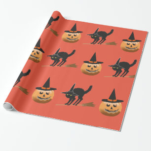Papier Cadeau sorcière citrouille, chatte noire sorcière hallowe