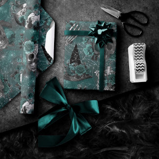 Papier Cadeau Sorcière crâne Floral | Minuit gothique foncé Turq