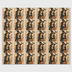 Papier Cadeau Sorcière d'automne avec Citrouille   Halloween vin