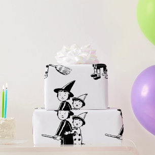 Papier Cadeau Sorcière d'Halloween et clown chevauchant un balai