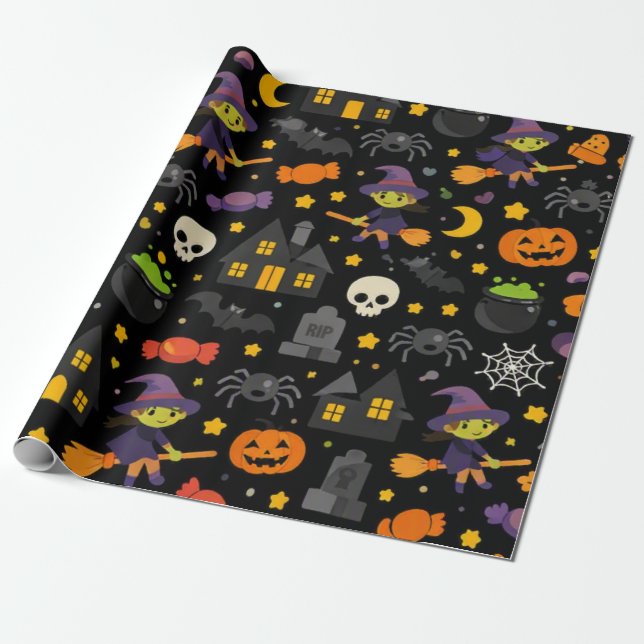Papier Cadeau Sorcière effrayante et Halloween araignée (Déroulé)