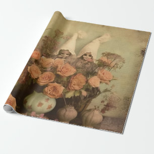 Papier Cadeau Sorcière gothique sépia avec citrouilles et roses 