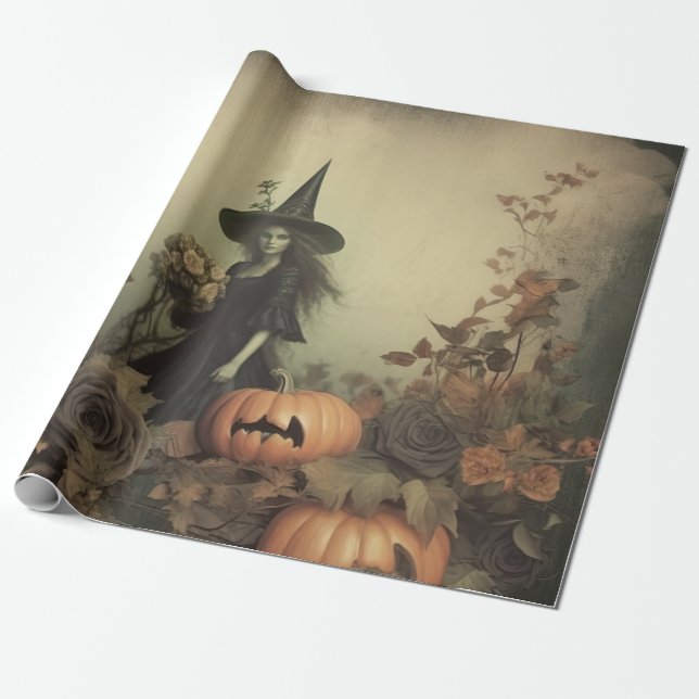 Papier Cadeau Sorcière gothique sépia avec citrouilles et roses  (Déroulé)
