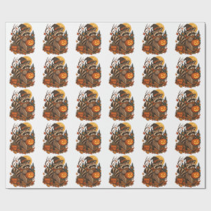 Papier Cadeau Sorcière Raton Laveur Vintage Halloween Citrouille