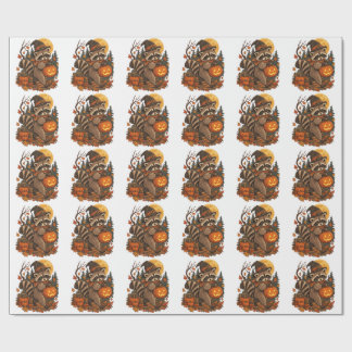 Papier Cadeau Sorcière Raton Laveur Vintage Halloween Citrouille