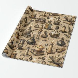 Papier Cadeau Sorcière Sépia Livres Alchimie Potion Vintage