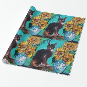 PAPIER CADEAU SOUCHES AVEC CHAT NOIR EN TURQUOISE BLEUE