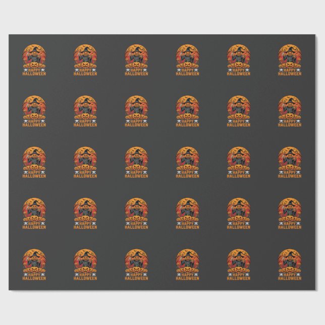 Papier Cadeau Sourire de sorcière de citrouille effrayant Concep (Plat)