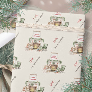 Papier Cadeau Souris à cheminée de Noël à l'aquarelle cosy