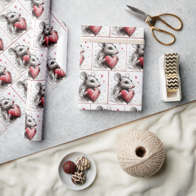 Papier Cadeau Souris avec croquis de coeur rouge (Artisanat)