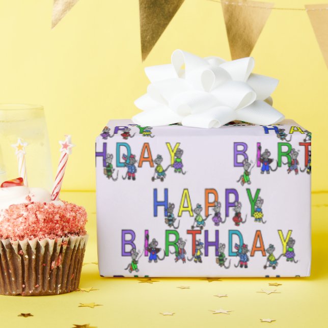 Papier Cadeau Souris d'anniversaire sur pourpre (Fête d'anniversaire)