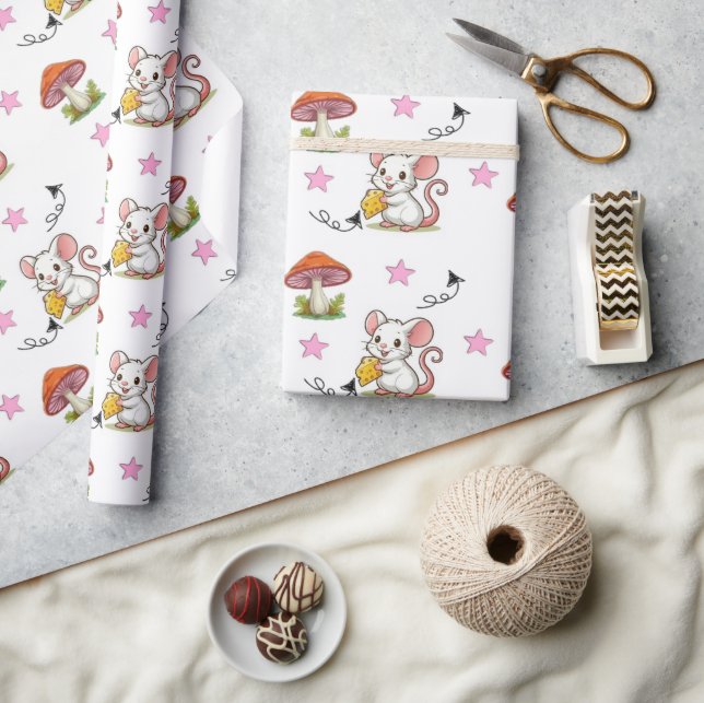 Papier Cadeau Souris Fromage Cœurs Roses Champigno (Artisanat)