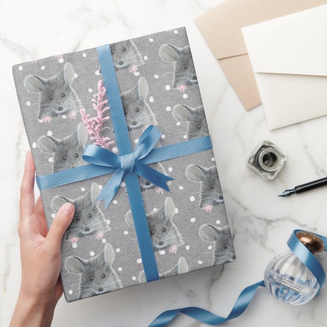 Papier Cadeau Souris grise sur Pois (Cadeaux)