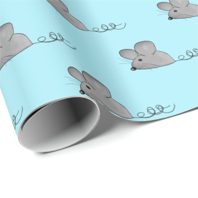 Papier Cadeau souris grises sur aqua clair (Coin rond)