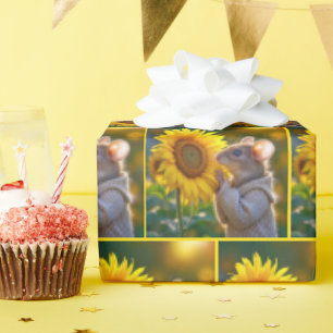 Papier Cadeau Souris qui sent un tournesol d'automne