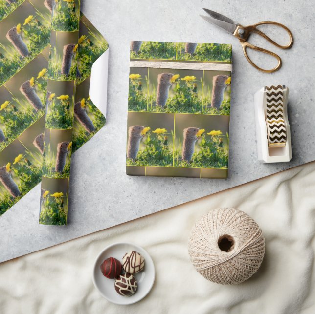 Papier Cadeau Souris sentant un pissenlit jaune (Artisanat)