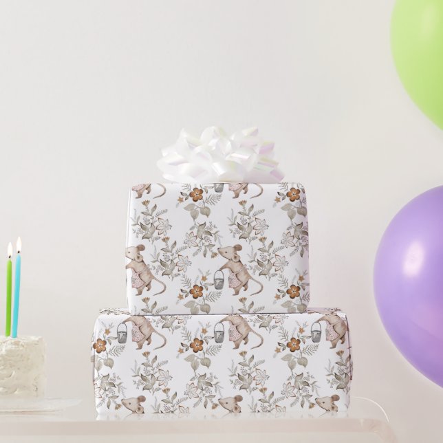 Papier Cadeau Souris Soignée, Tablier Rose, Seau, Blanc (Cadeaux de fête)