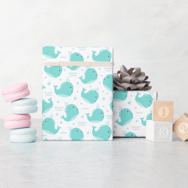 Papier Cadeau Sous la mer Baleines Bleues Nager et s'amuser (Baby Shower)