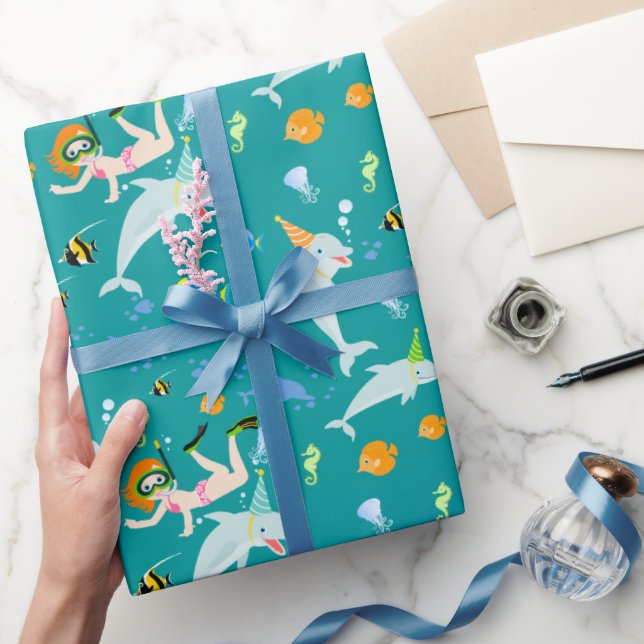 Papier Cadeau Sous la mer dauphins et fête d'anniversaire fille (Cadeaux)