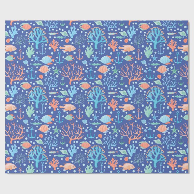 Papier Cadeau Sous l'ange de la mer Poisson Coral Ancre Nautique (Plat)